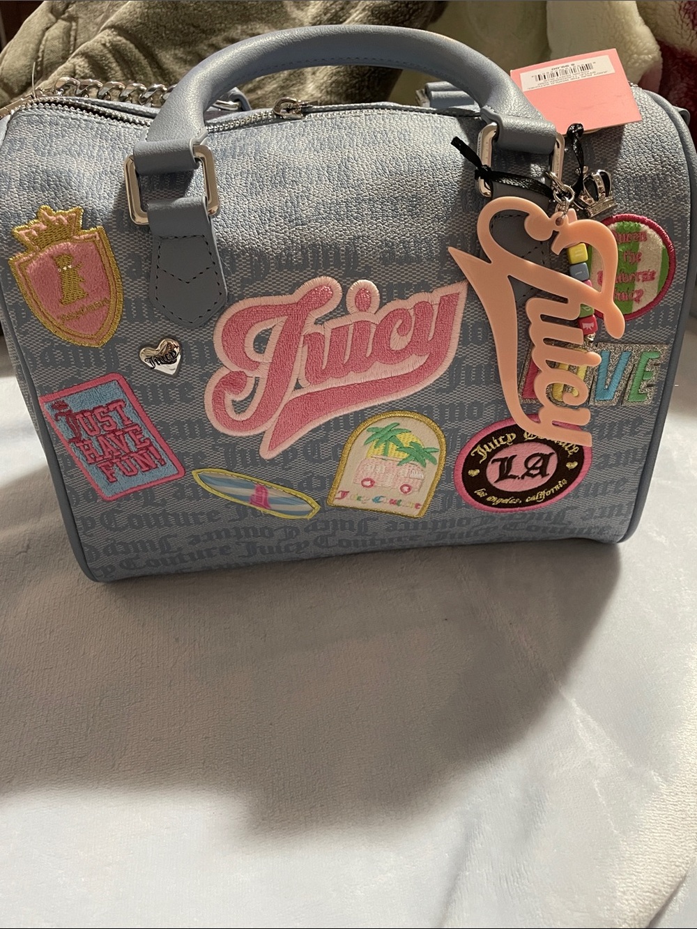 Juicy Couture Light Blue Logo Patch Satchel with Pink Charm Tag